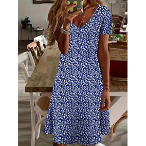 Women's Floral Short Sleeve Summer Printing Dress V Neck Daily Casual Knee Length T-Shirt Dress H-Line Dress