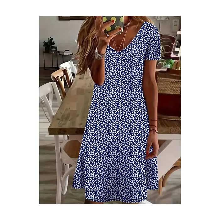 Women's Floral Short Sleeve Summer Printing Dress V Neck Daily Casual Knee Length T-Shirt Dress H-Line Dress