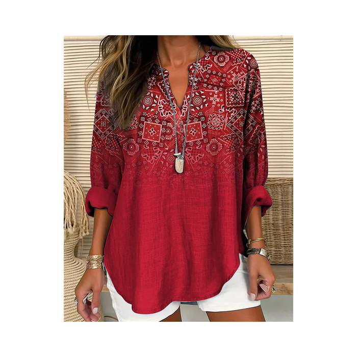 Women's Classical Geometry Long Sleeve Shirt Spring/Fall V Neck Daily Casual Top