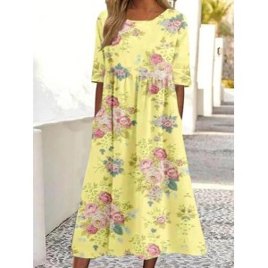 Women's 3D Printing Half Sleeve Summer Dress Crew Neck Daily Vintage Maxi Shirt Dress A-Line Dress