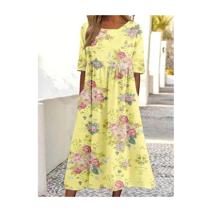 Women's 3D Printing Half Sleeve Summer Dress Crew Neck Daily Vintage Maxi Shirt Dress A-Line Dress