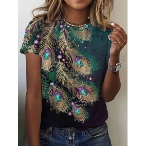 Women's Peacock Short Sleeve Tee T-shirt Crew Neck Casual Summer Top