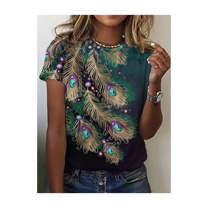 Women's Peacock Short Sleeve Tee T-shirt Crew Neck Casual Summer Top