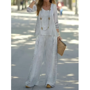 Women's Striped Printing Two-Piece Set Daily Long Sleeve Casual Spring/Fall Top With Pants Matching Set