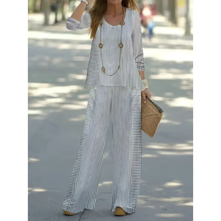 Women's Striped Printing Two-Piece Set Daily Long Sleeve Casual Spring/Fall Top With Pants Matching Set