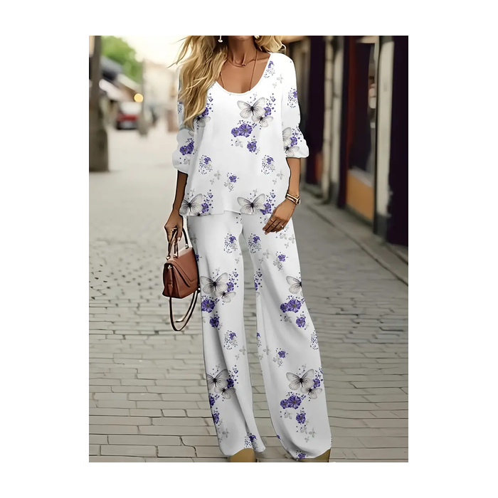 Women's Floral Printing Two-Piece Set Daily Long Sleeve Casual Spring/Fall Top With Pants Matching Set