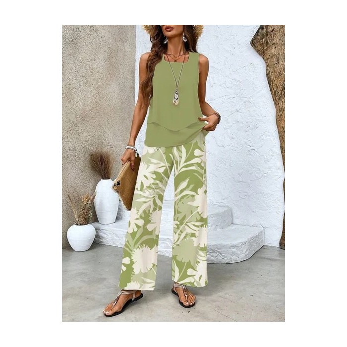 Women's Floral Printing Two-Piece Set Daily Sleeveless Casual Summer Top With Pants Matching Set