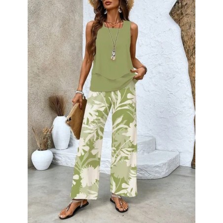 Women's Floral Printing Two-Piece Set Daily Sleeveless Casual Summer Top With Pants Matching Set