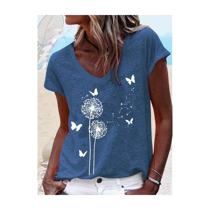 Women Plain Short Sleeve Tee T-shirt V Neck Casual Summer Top