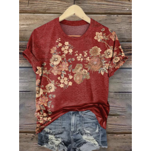 Women Floral Short Sleeve Tee T-shirt Crew Neck Casual Summer Top