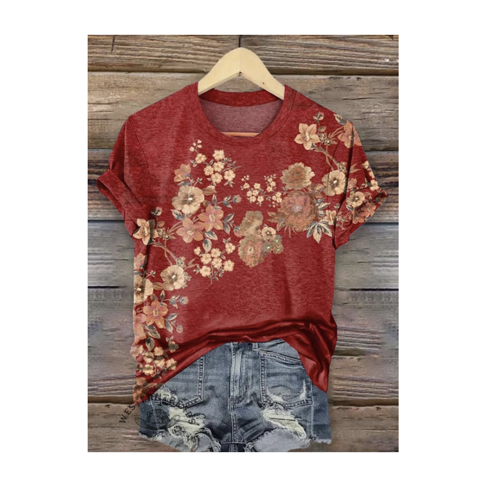 Women Floral Short Sleeve Tee T-shirt Crew Neck Casual Summer Top