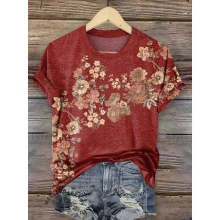 Women Floral Short Sleeve Tee T-shirt Crew Neck Casual Summer Top
