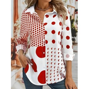 Women Polka Dots Long Sleeve Shirt Spring/Fall Shirt Collar Daily Casual Top