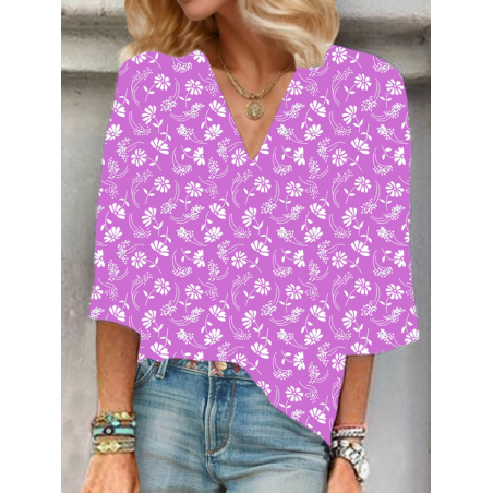 Women Floral Half Sleeve Blouse Summer V Neck Daily Casual Top