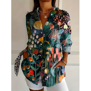 Women Floral Long Sleeve Shirt Spring/Fall Buckle Shirt Collar Daily Casual Top