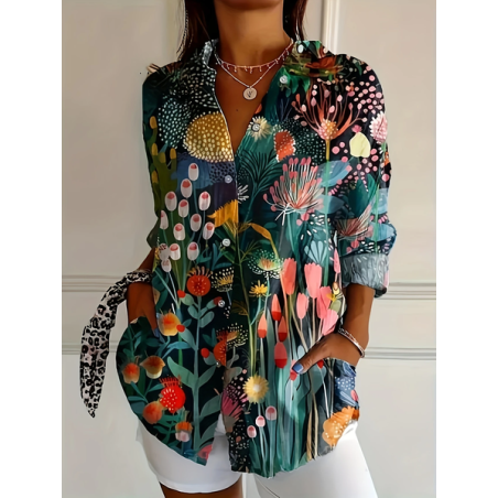 Women Floral Long Sleeve Shirt Spring/Fall Buckle Shirt Collar Daily Casual Top