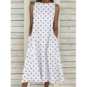 Women Polka Dots Sleeveless Summer Printing Dress Crew Neck Daily Casual Maxi Fit & Flare Dress H-Line Dress