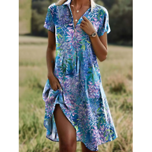 Women Floral Short Sleeve Summer Dress Shirt Collar Daily Casual Midi A-Line Dress