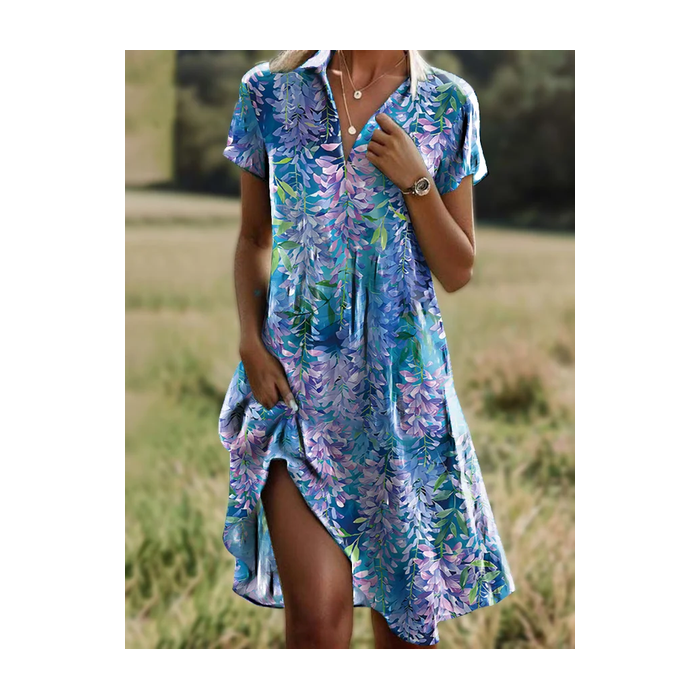 Women Floral Short Sleeve Summer Dress Shirt Collar Daily Casual Midi A-Line Dress