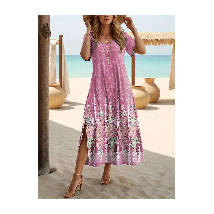 Women Floral Short Sleeve Summer Printing Dress Crew Neck Daily Casual Maxi Fit & Flare Dress A-Line Dress