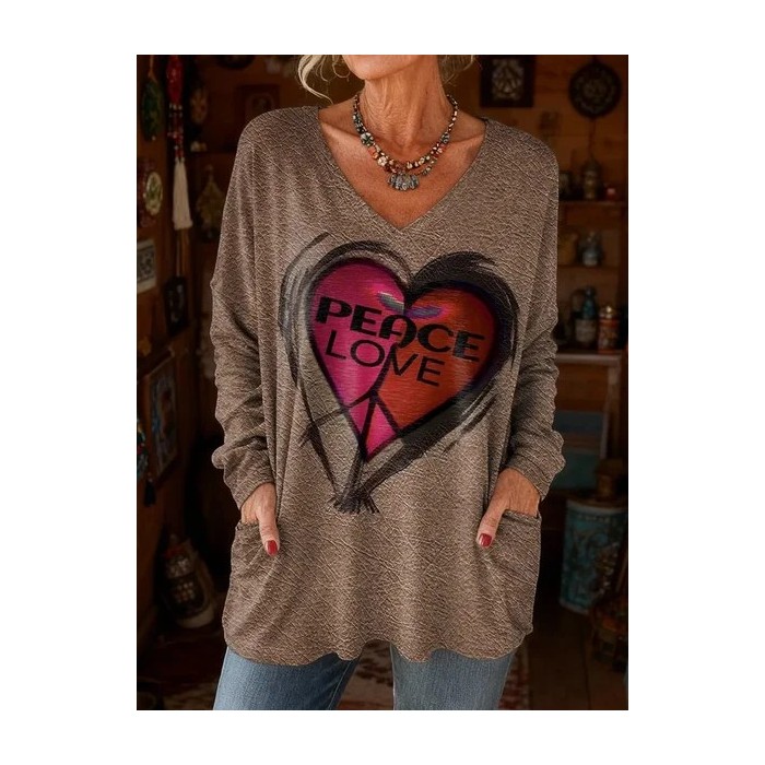 Women Heart/Cordate Long Sleeve Tee T-shirt V Neck Printing Vintage Spring/Fall Top