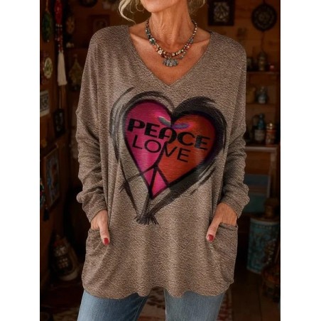 Women Heart/Cordate Long Sleeve Tee T-shirt V Neck Printing Vintage Spring/Fall Top