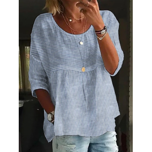 Women Striped Half Sleeve Shirt Summer Printing Crew Neck Daily Casual Top