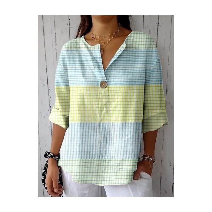Women Striped Three Quarter Sleeve Blouse Spring/Fall Shawl Collar Daily Casual Top