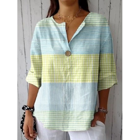 Women Striped Three Quarter Sleeve Blouse Spring/Fall Shawl Collar Daily Casual Top