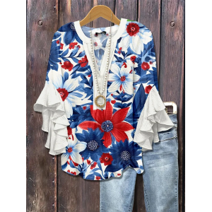 Women Floral Half Sleeve Shirt Summer Printing V Neck Daily Casual Top