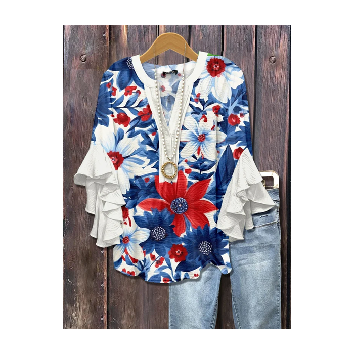 Women Floral Half Sleeve Shirt Summer Printing V Neck Daily Casual Top