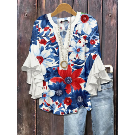 Women Floral Half Sleeve Shirt Summer Printing V Neck Daily Casual Top