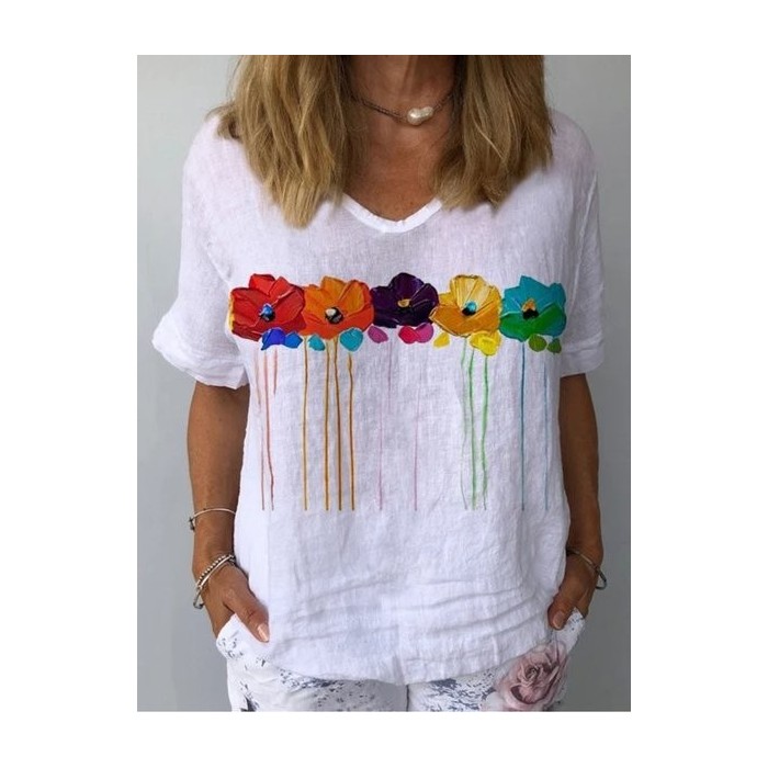 Women Floral Short Sleeve Blouse Summer Crew Neck Daily Casual Top