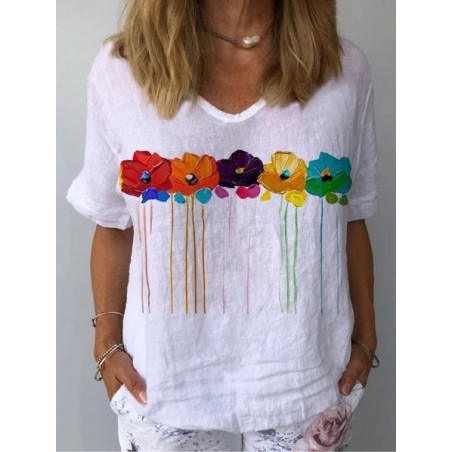 Women Floral Short Sleeve Blouse Summer Crew Neck Daily Casual Top