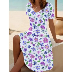 Women Floral Short Sleeve Summer Printing Dress V Neck Daily Casual Midi Fit & Flare Dress A-Line Dress