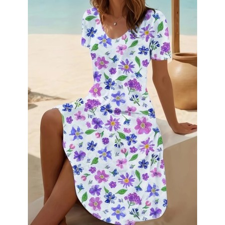 Women Floral Short Sleeve Summer Printing Dress V Neck Daily Casual Midi Fit & Flare Dress A-Line Dress