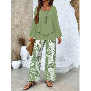 Women Floral Printing Two-Piece Set Daily Long Sleeve Casual Spring/Fall Top With Pants Matching Set