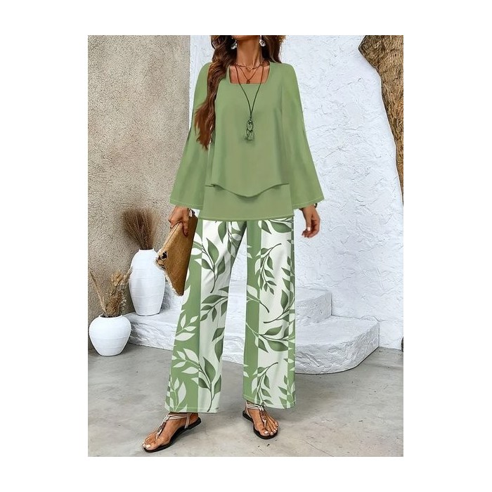 Women Floral Printing Two-Piece Set Daily Long Sleeve Casual Spring/Fall Top With Pants Matching Set