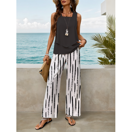 Women Striped Printing Two-Piece Set Daily Sleeveless Casual Summer Top With Pants Matching Set
