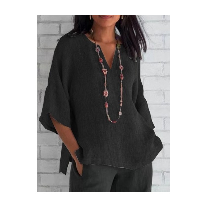 Women Plain Half Sleeve Blouse Summer V Neck Daily Casual Top