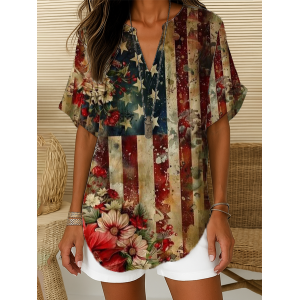 Women Floral Short Sleeve Shirt Summer Printing V Neck Daily Casual Top