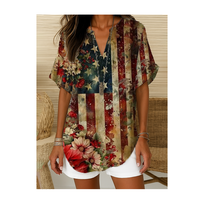 Women Floral Short Sleeve Shirt Summer Printing V Neck Daily Casual Top