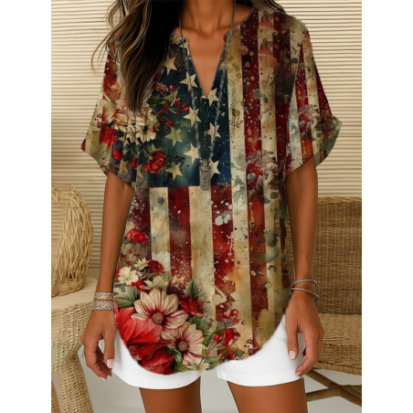 Women Floral Short Sleeve Shirt Summer Printing V Neck Daily Casual Top