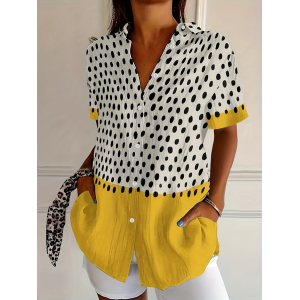 Women Abstract Polka Dots Short Sleeve Shirt Summer Printing Shirt Collar Daily Casual Top