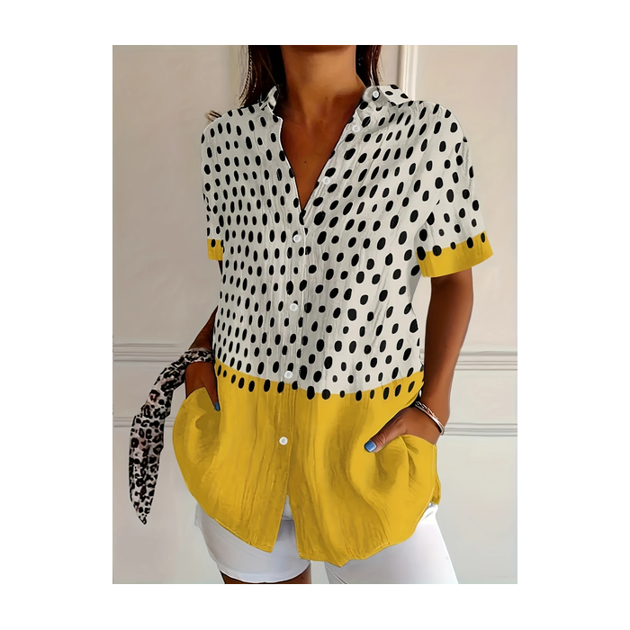 Women Abstract Polka Dots Short Sleeve Shirt Summer Printing Shirt Collar Daily Casual Top