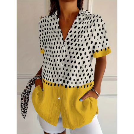 Women Abstract Polka Dots Short Sleeve Shirt Summer Printing Shirt Collar Daily Casual Top