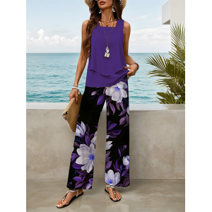 Women Floral Printing Two-Piece Set Daily Sleeveless Casual Summer Top With Pants Matching Set