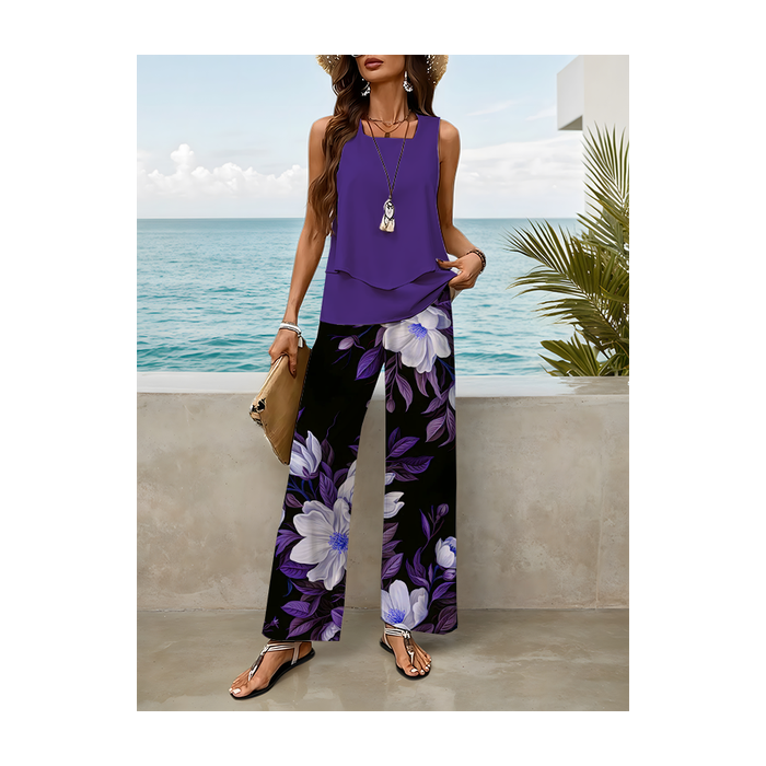 Women Floral Printing Two-Piece Set Daily Sleeveless Casual Summer Top With Pants Matching Set