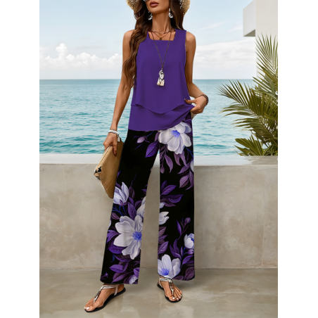 Women Floral Printing Two-Piece Set Daily Sleeveless Casual Summer Top With Pants Matching Set