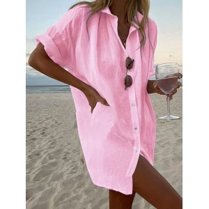 Women Plain Long Sleeve Shirt Spring/Fall Split Joint Stand Collar Daily Casual Top